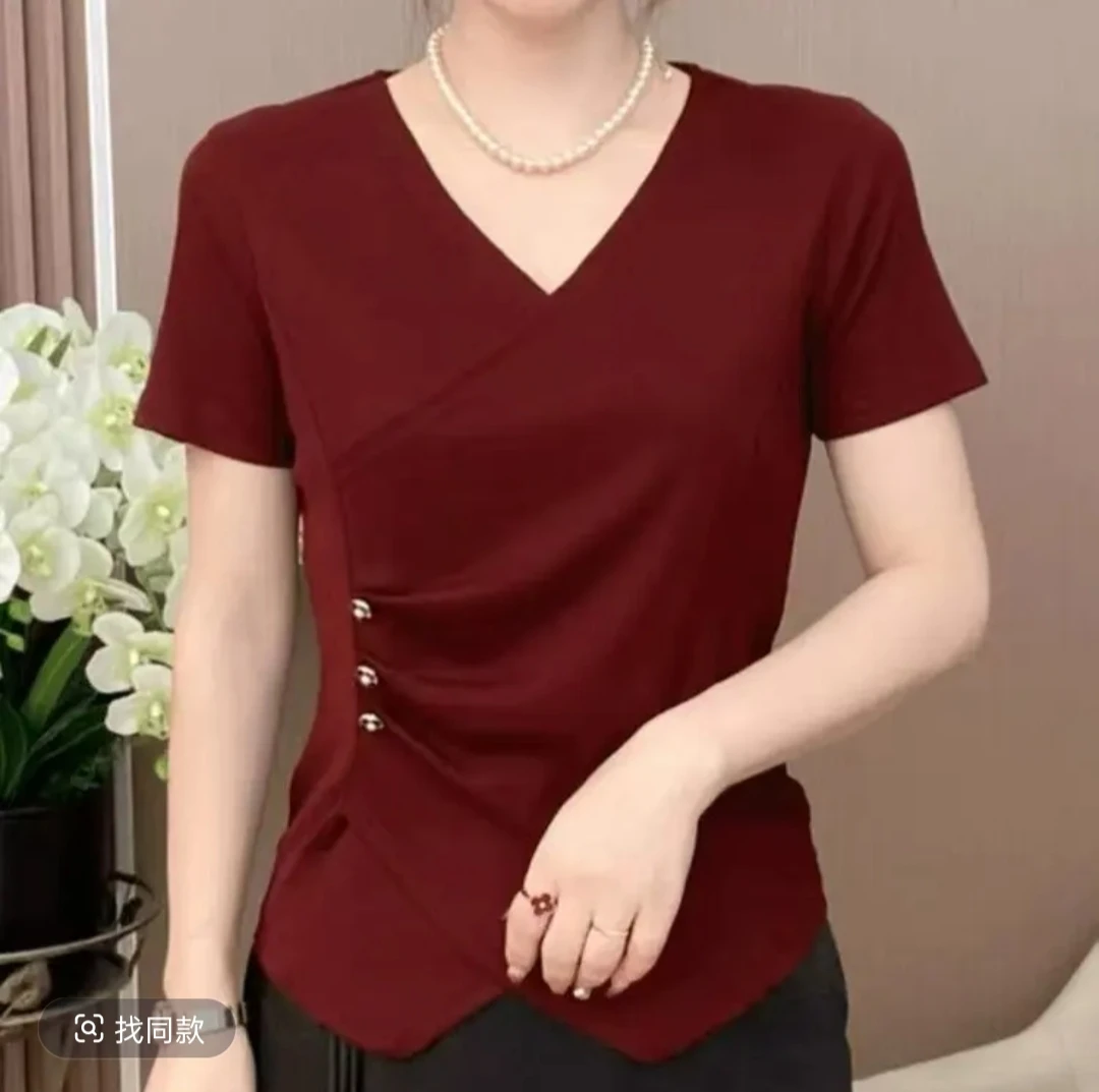 2025新款短袖染色纯色V领春夏V领弹力T恤洋气时尚小众网红设计感