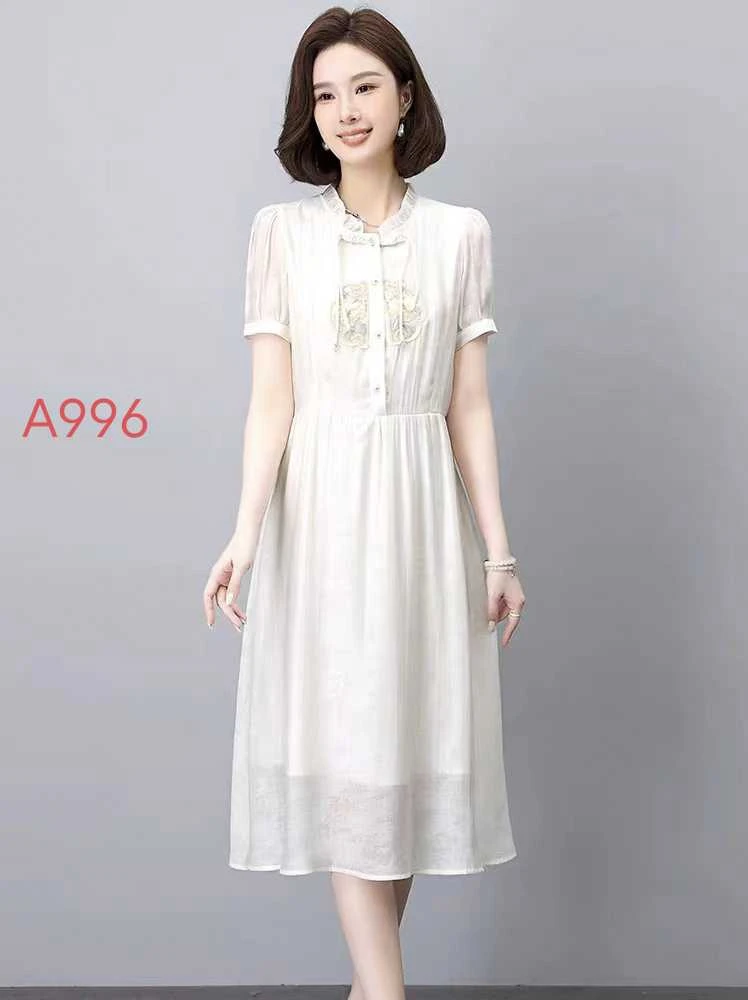 A996夏季新中式中连衣裙小个子刺绣裙汉服气质遮肚子长裙显瘦