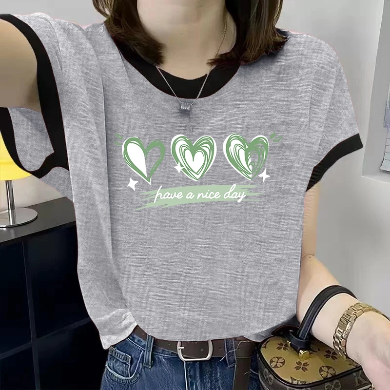 百搭韩版圆领小香风短袖宽松T恤短款欧若新中式印花大码显瘦时尚