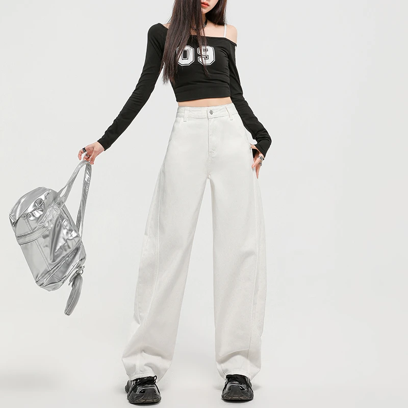米白色弯刀裤阔腿牛仔裤宽松春新款梨形身材遮胯显瘦直筒裤TY1366
