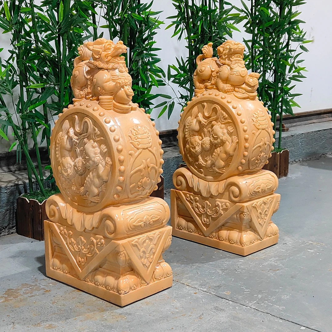 晚霞红原石雕刻貔貅抱鼓石经典大气装饰摆件包邮不含卸车和摆放