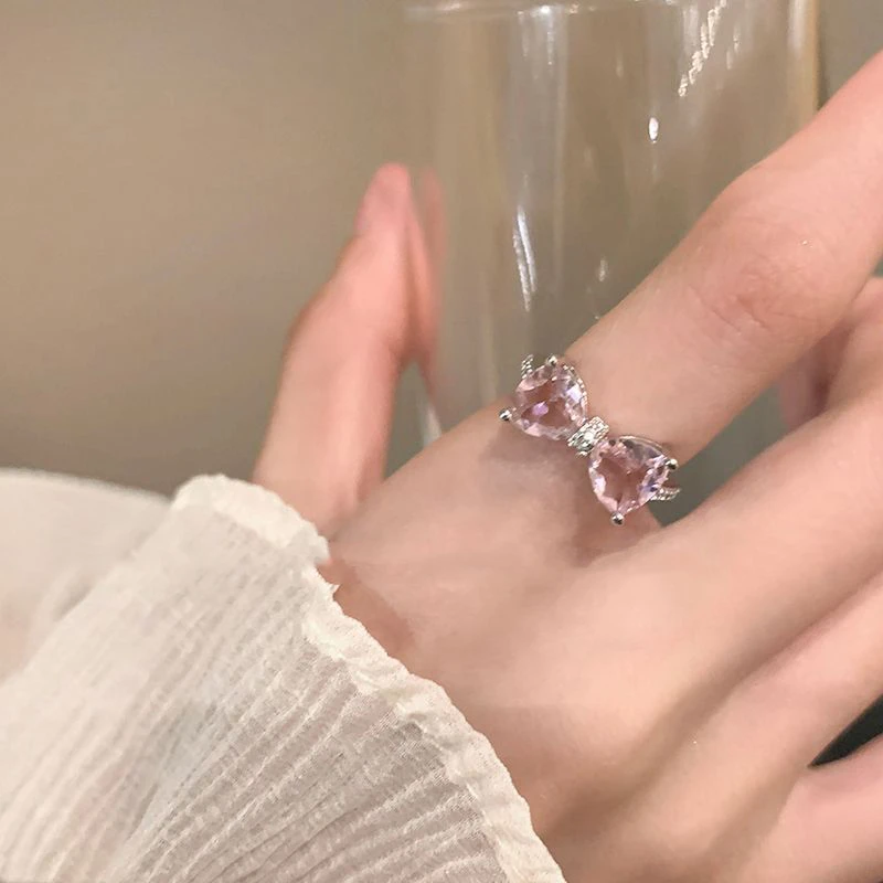 合金合成锆石耳饰 A034 《甜桃》粉钻蝴蝶结开口戒甜美