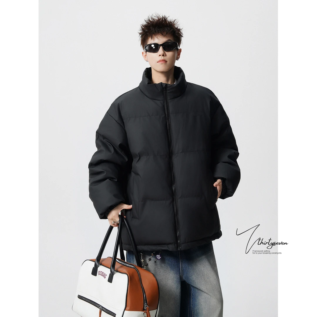 V37美式复古基础款立领棉服男款冬季纯色pu皮棉衣加厚保暖面包服