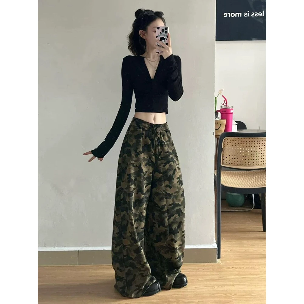 2025春季AXEF美式迷彩休闲运动裤女阔腿卫裤抽绳直筒垂感拖地裤