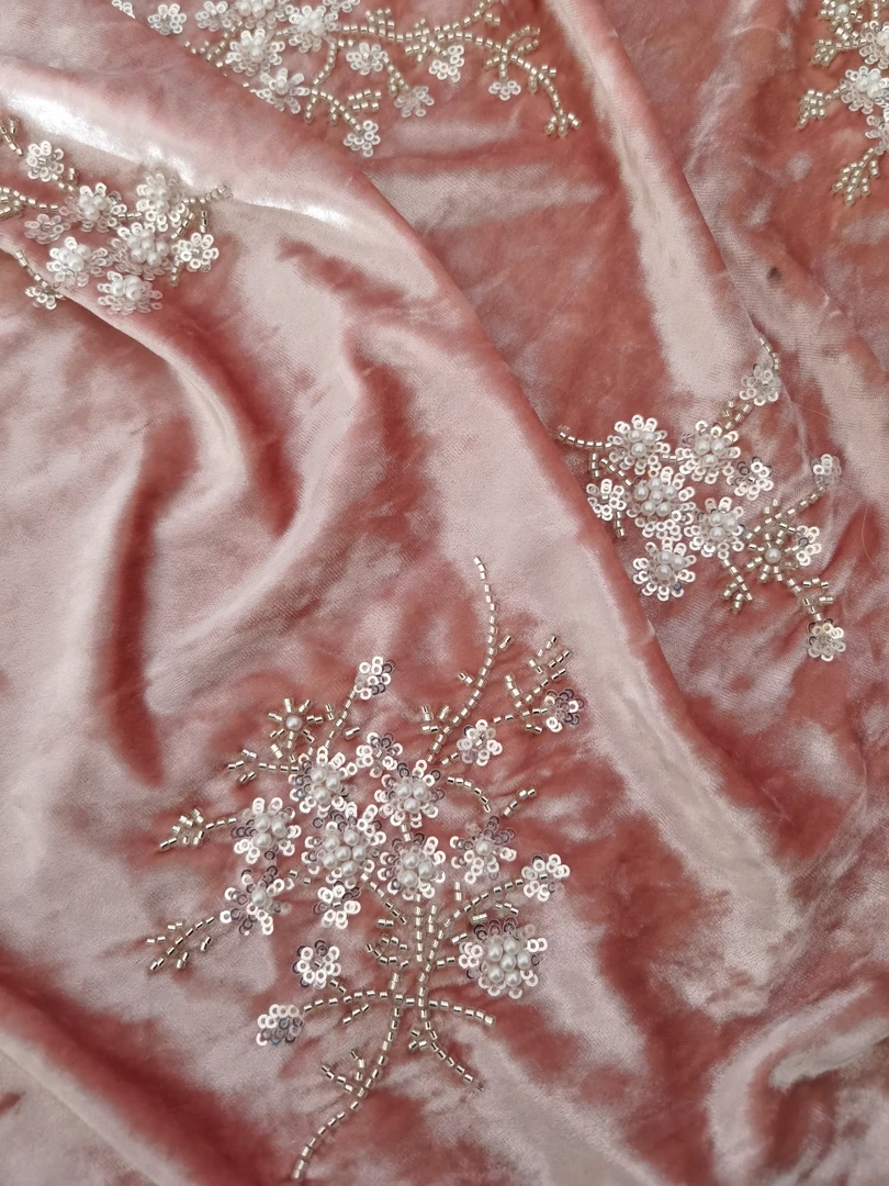 高端丝绒刺绣面料【冰花粉】