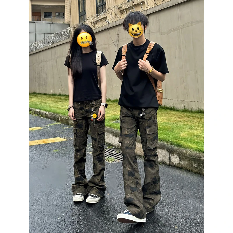 美式高街迷彩牛仔裤男款vibe痞帅工装裤子修身窄版休闲直筒微喇裤