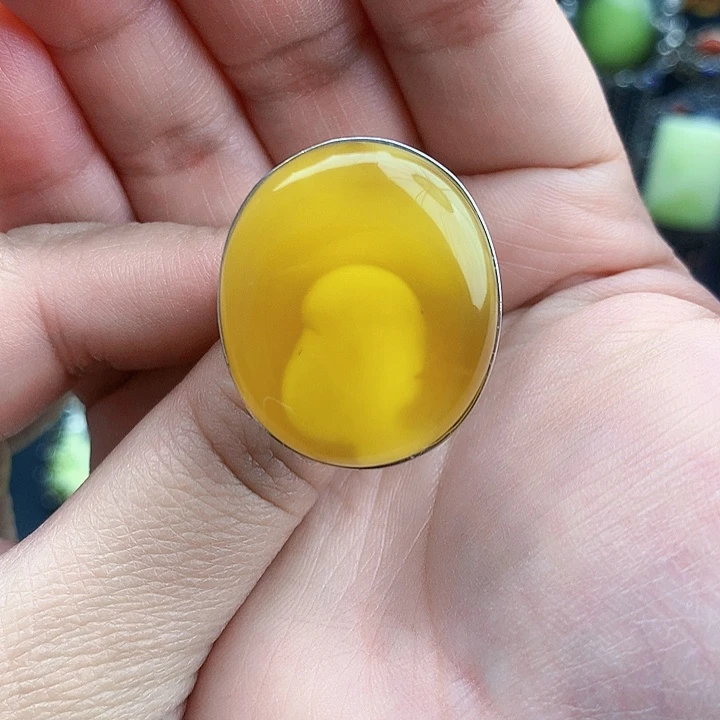 琥珀裸石银S925镶嵌戒指