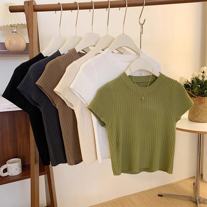 冰丝针织短袖T恤女士夏季新款洋气减龄短款圆领半袖体恤别致上衣