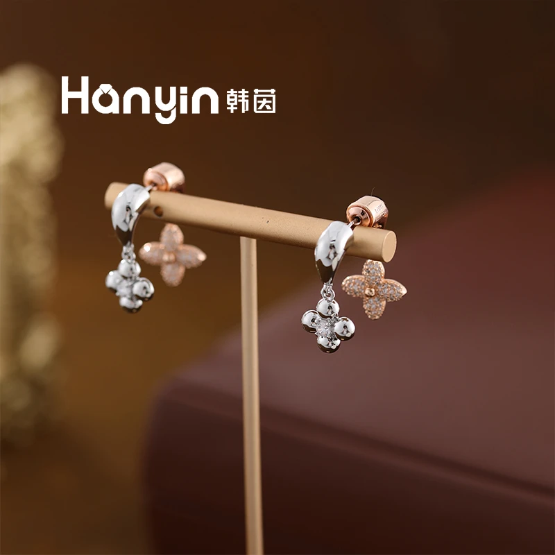 铜合金合成锆石耳饰 925银针个性设计超闪撞色四叶草流苏耳钉AAA
