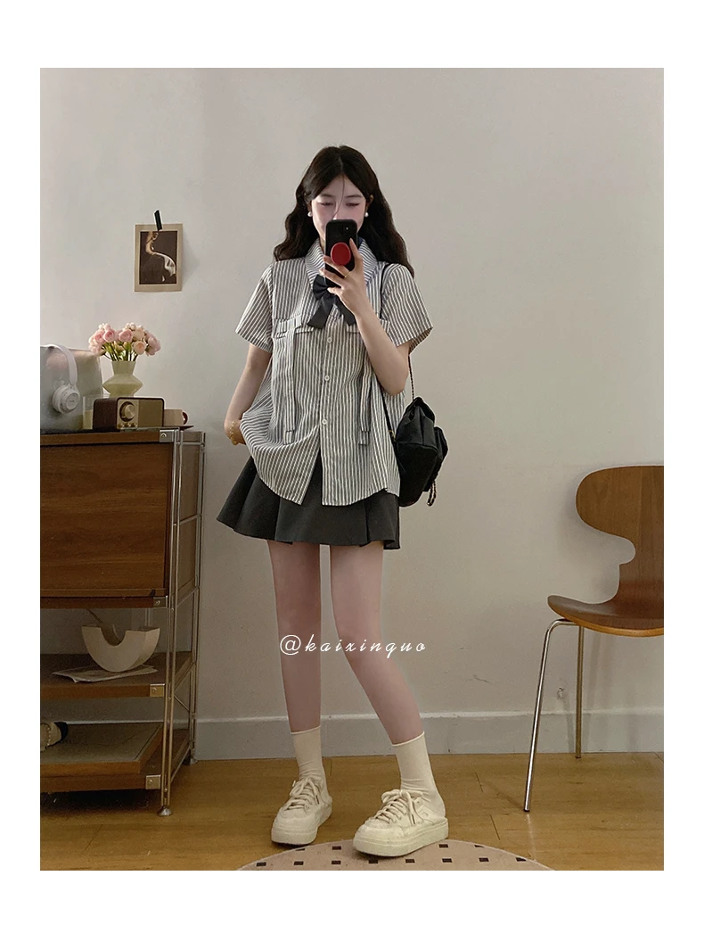 5511#日系学院风jk制服短裙套装夏季条纹短袖衬衫裙子两件套