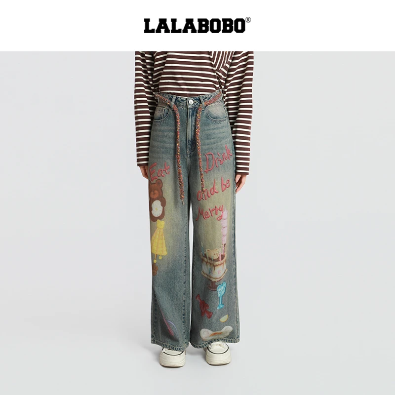 石家庄LALA野餐小熊高腰牛仔阔腿复古长裤LBEC-WXZC27