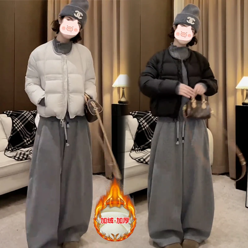 冬季新款穿搭一整套时尚棉服打底衫搭配宽松显瘦阔腿休闲裤套装