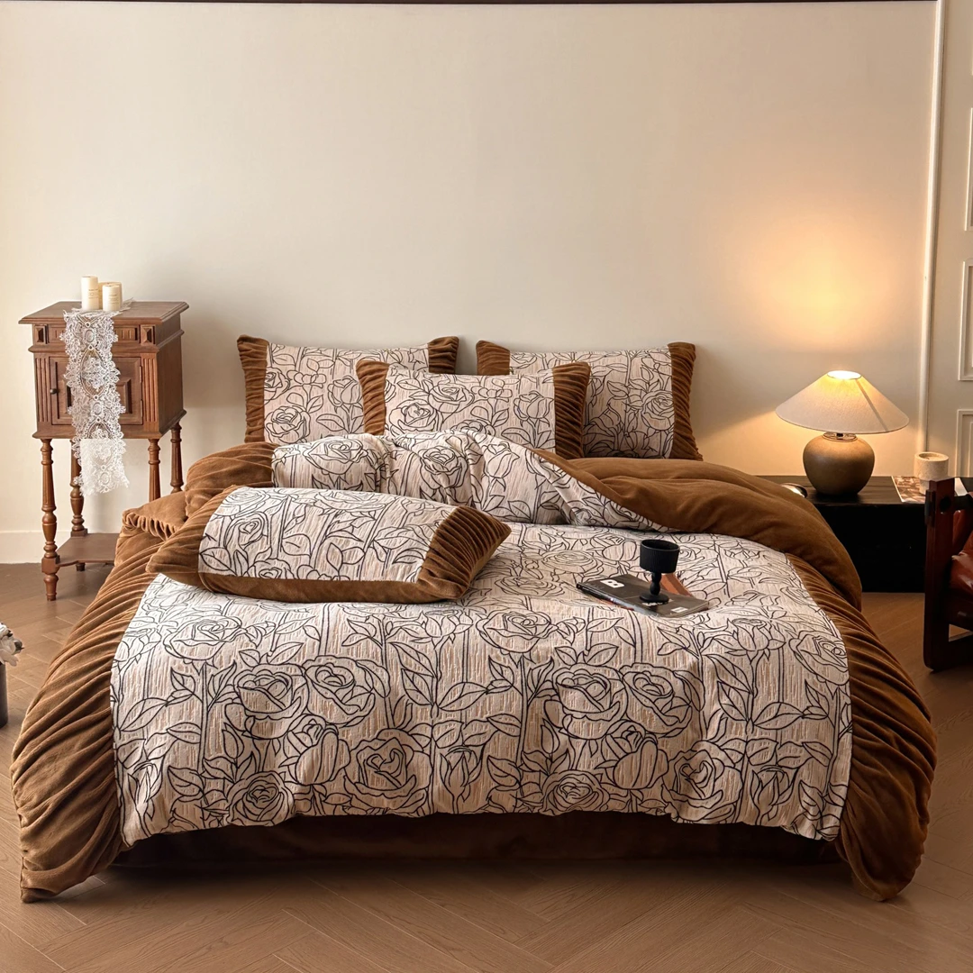 A类法式复古风浮雕绒牛奶绒四件套立体烂花雕花绒学生宿舍三件套