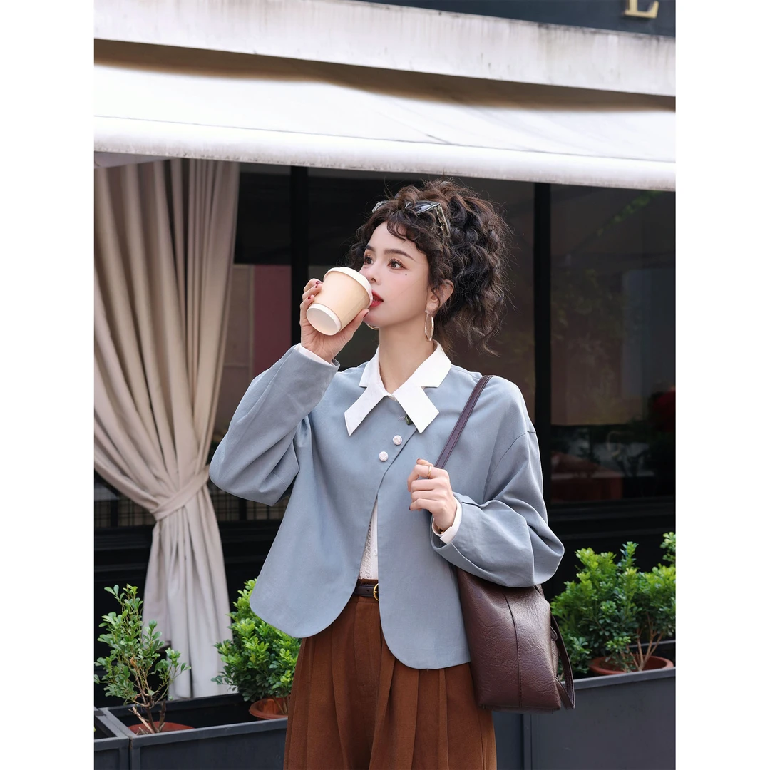 陈佳洁【一汪清泉】港风复古纯色春秋外套女时尚百搭上衣JW2023136