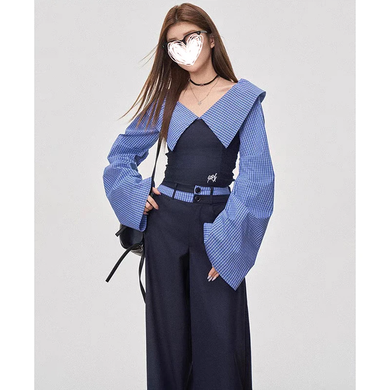 一字肩条纹拼接显瘦修身上衣学院休闲阔腿裤早春韩版两件套装女