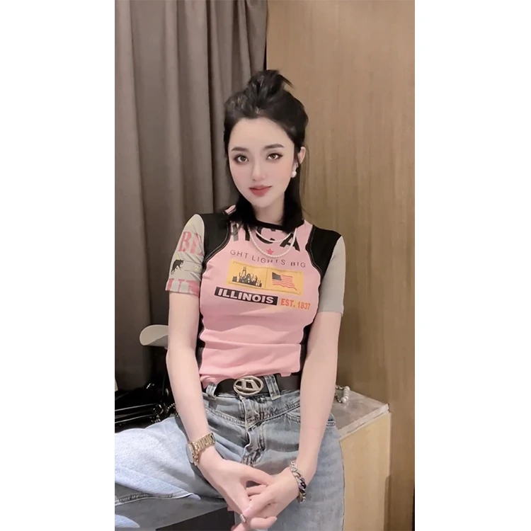 2024春夏ins新款网红时尚撞色时髦辣妹修身圆领短袖T恤上衣女拼接