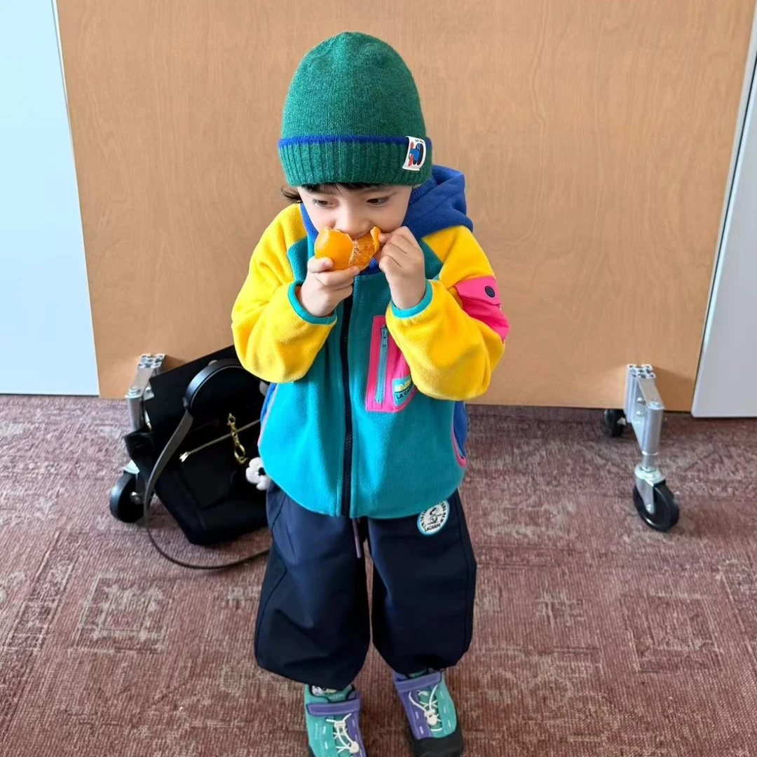 壹妈童装儿童套装秋冬新款洋气男童卡通动漫翻领连帽拼色外套长裤