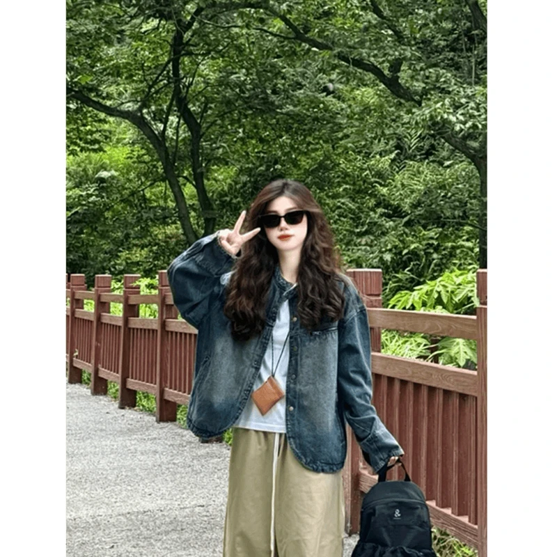 美式复古蓝色水洗牛仔外套女春装2025新款休闲百搭夹克上衣713#