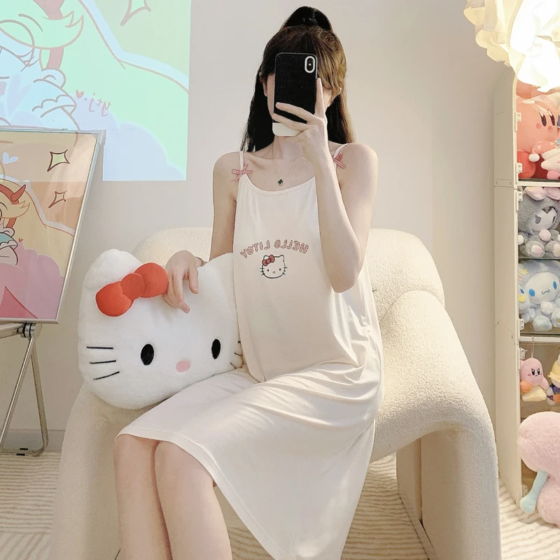 带胸垫莫代尔睡裙女夏季睡衣吊带甜美可爱卡通KT猫薄款少女家居服