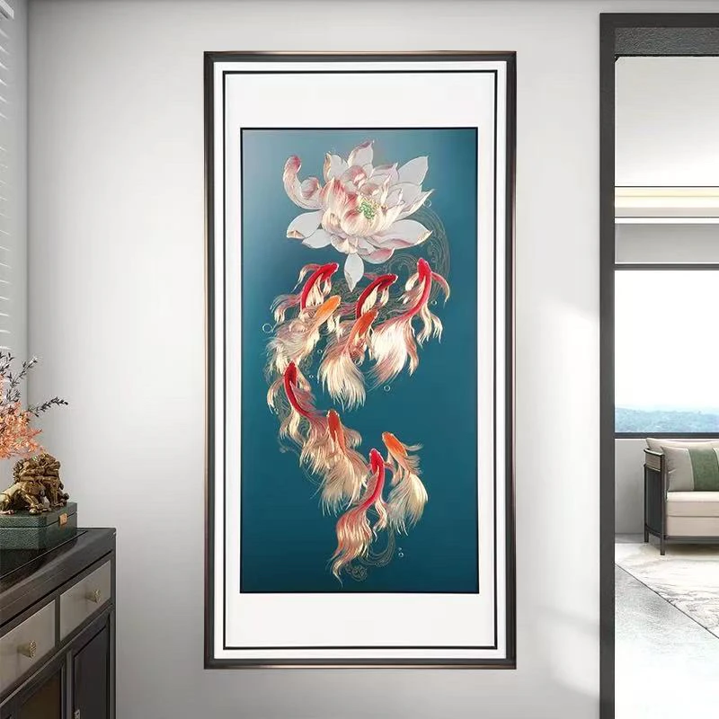 铜鑫铜亿《荷花九鱼》手工铜板雕刻 玄关画茶室餐厅挂画