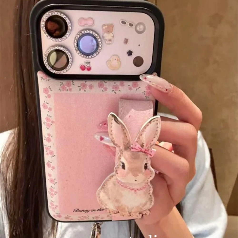 皮质气垫卡通碎花立体小兔子适用iPhone17pro手机壳16promax手提