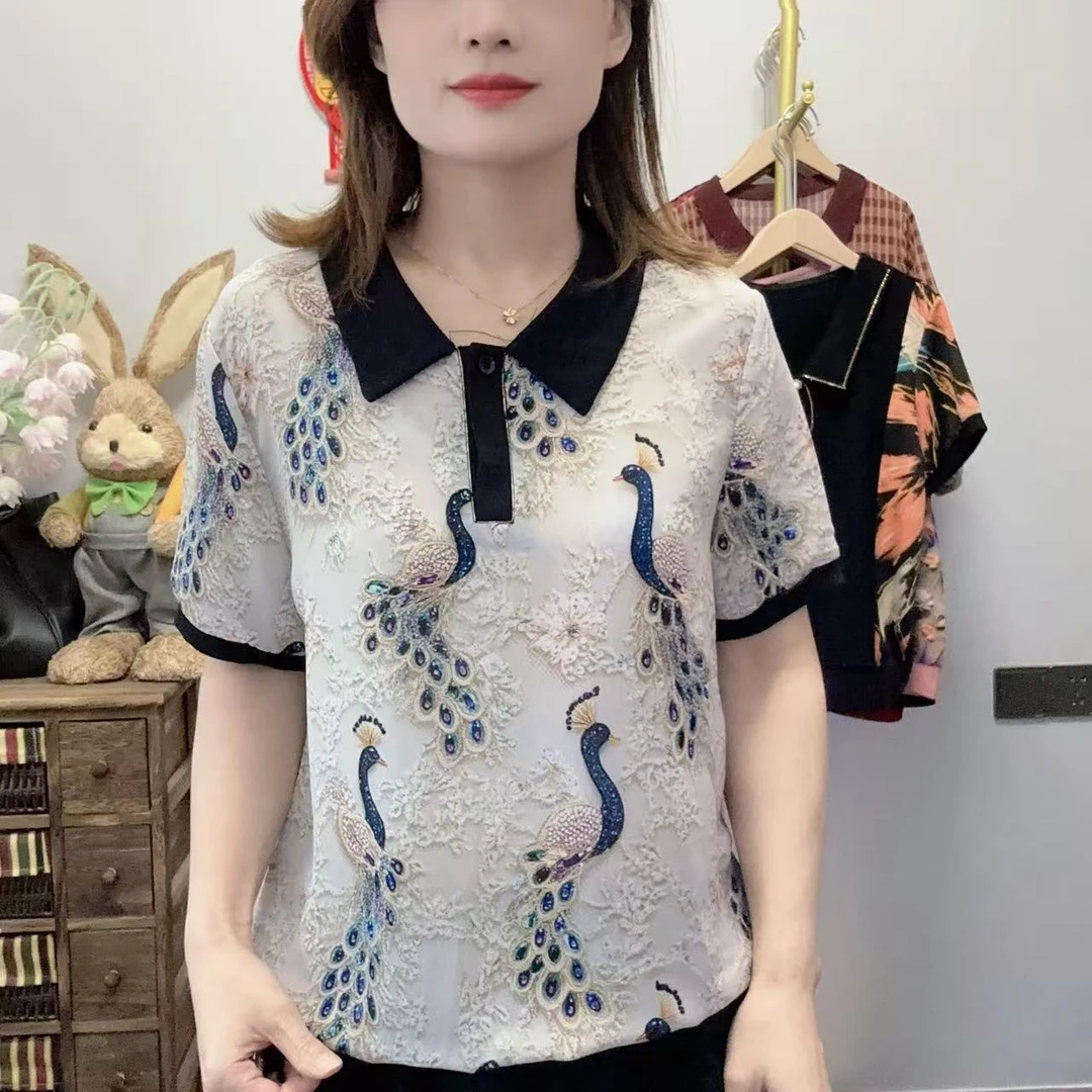 【丽姐家】夏季新款妈妈装短袖时尚洋气女士翻领减龄上衣