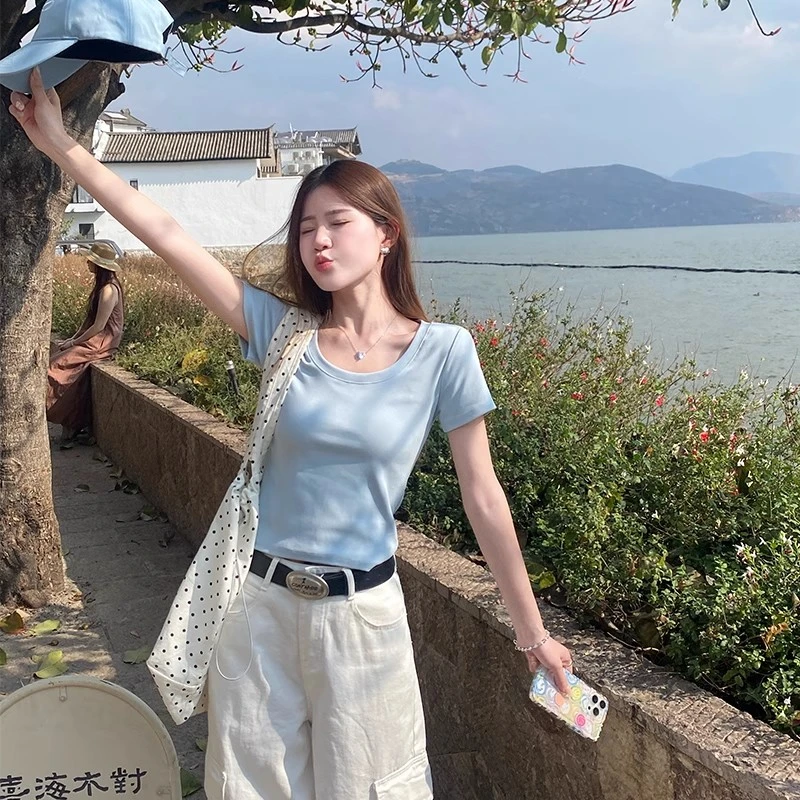 蓝色短袖T恤女2025年夏季新款圆领正肩修身百搭显瘦别致上衣体恤