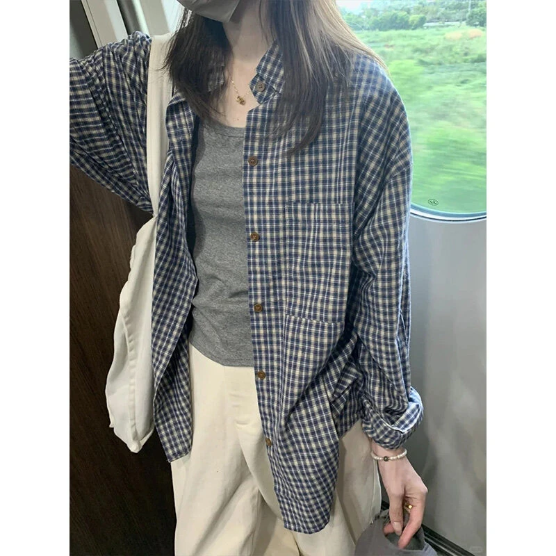 复古小众蓝色长袖格子衬衫男春季慵懒风休闲格纹外套宽松外搭衬衣
