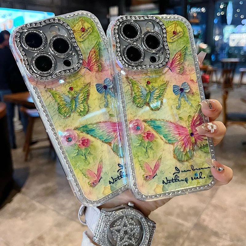 适用苹果系列iPhone16新款手机壳春日绿幻蝶扭边钻框闪钻镜头膜