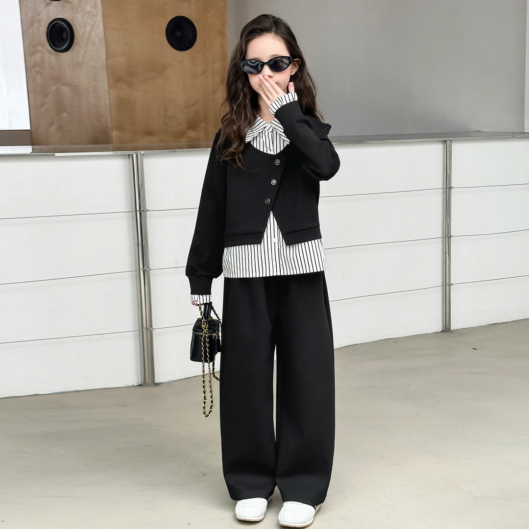 女童套装秋装2025新款洋气时髦假两件卫衣潮酷女大童春秋款6-12岁