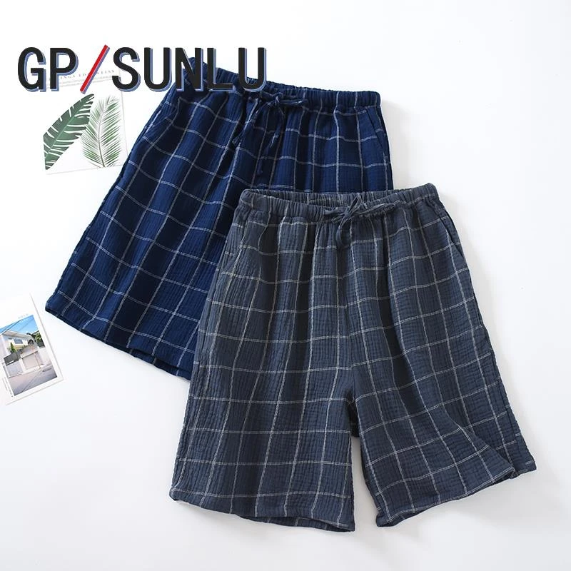 日本小众GP夏季棉质双层纱布睡裤男士绉布家居裤五分短裤宽松加肥