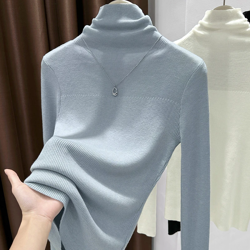 蓝色高领软糯长袖套头上衣细腻洋气质感亲肤针织内搭高级感打底衫