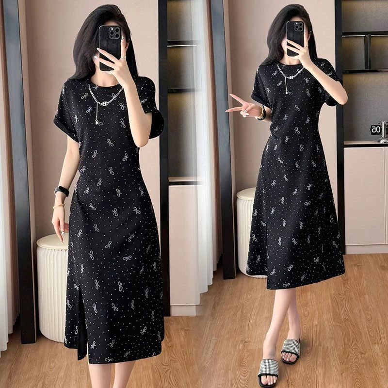 网红休闲蝴蝶结印花短袖开叉裙子夏季爆款减龄连衣裙收腰显瘦裙子