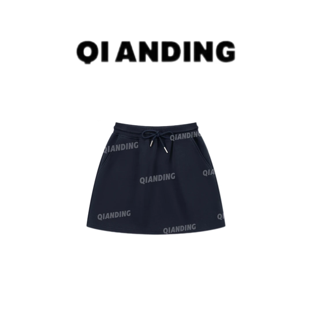 【QIANDING】“万能半裙”松紧腰简约复古绑带短裙251217