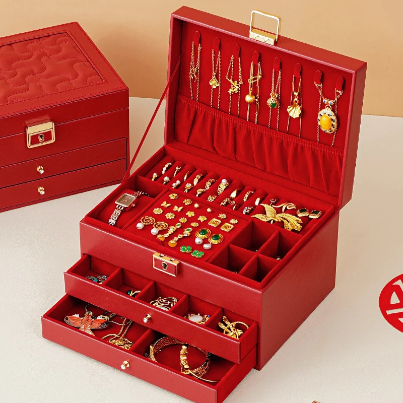 首饰盒/箱 婚庆首饰盒皮革多层抽屉首饰箱结婚大容量项链戒指饰品