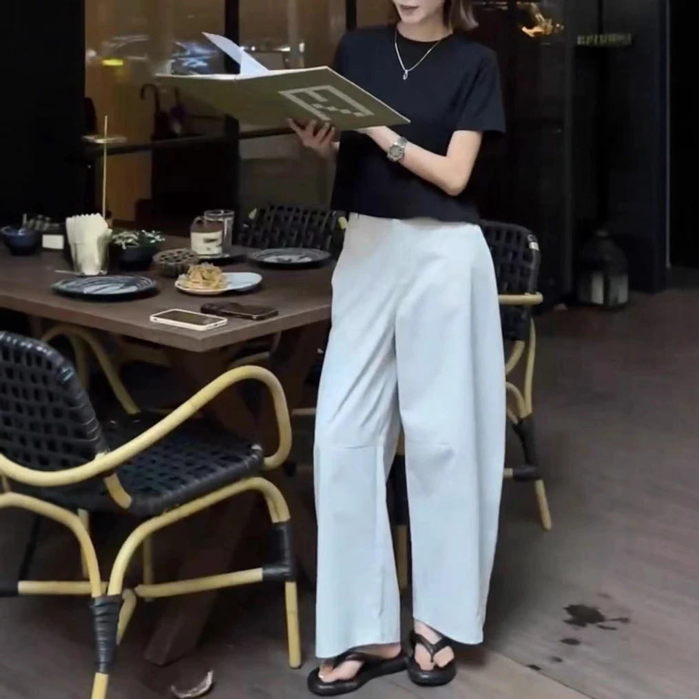 25539时尚气质潮流夏季新款简约后排扣洋气上衣白色阔腿裤女潮