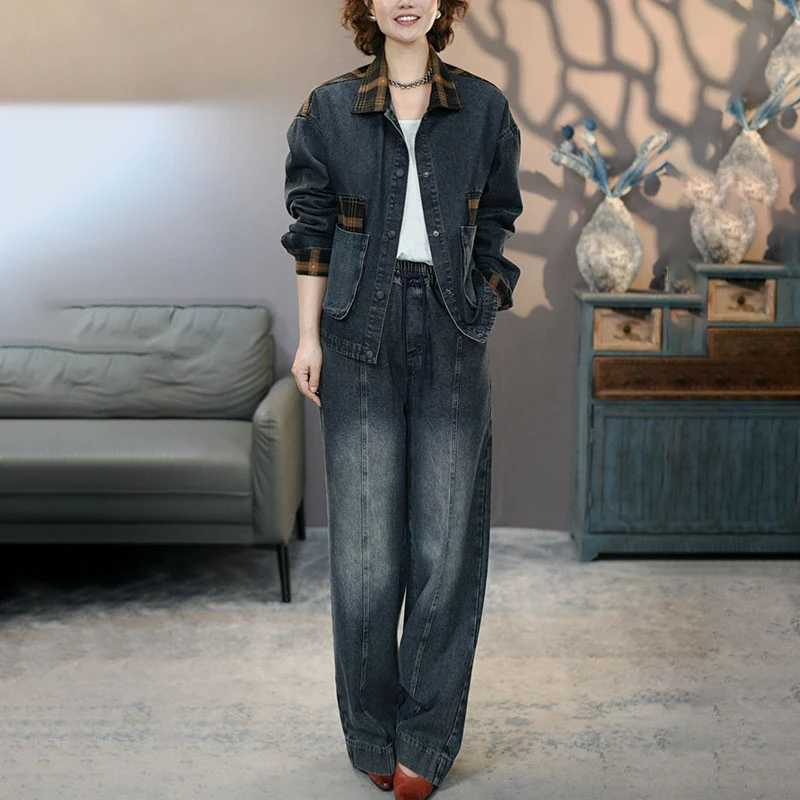 8946-6913炭黑套装2025秋季新款棉长袖外套裤子百搭上衣阔腿裤