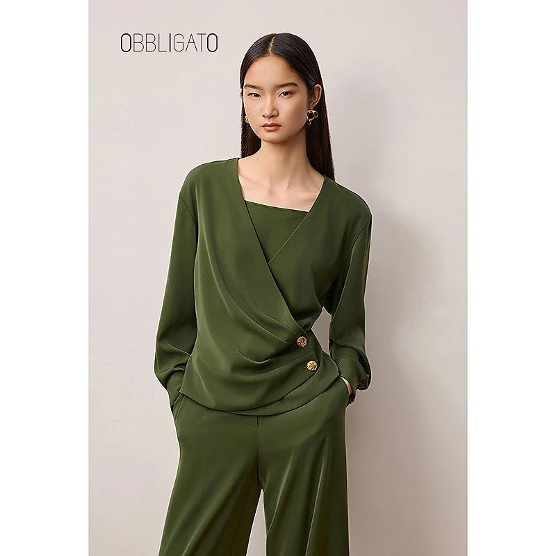 OBBLIGATO奥丽嘉朵2025秋季1C35370180新品交叉剪裁垂坠褶皱上衣