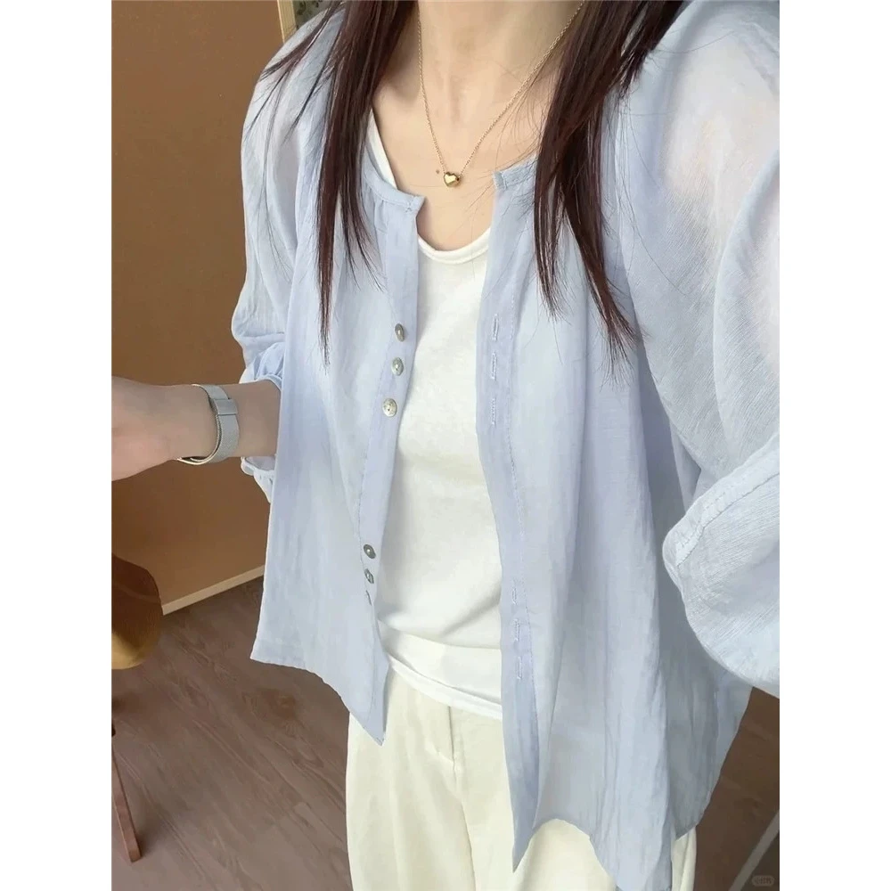 大码亚麻防晒衬衫外套女薄款夏季开衫外搭宽松长袖衬衣上衣-7715