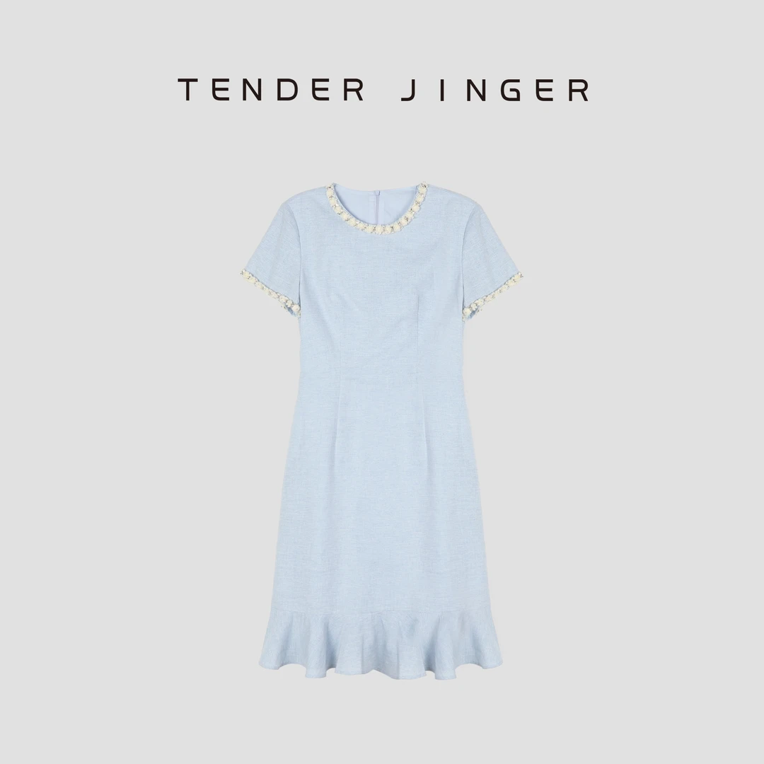 Tender Jinger【专柜】亚麻鱼尾手工钉链条连衣裙T52YLL80991