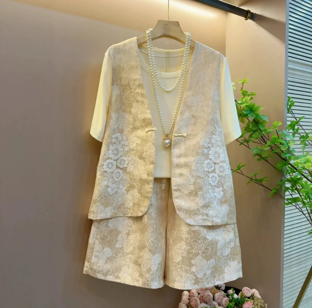 3620时尚夏季新款大码中式提花国风马甲三件套短裤套装气质