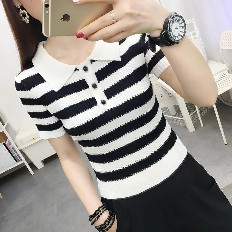 夏季新款女装短袖T恤女娃娃领修身短款针织上衣女夏体恤