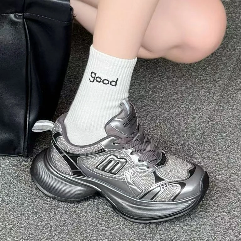 C2239 枪色  时尚百搭厚底圆头系带女休闲老爹鞋