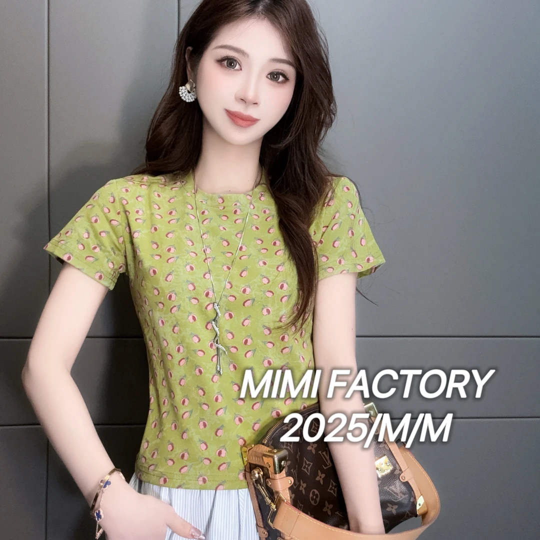 2025夏季新款 欧货满印小花短袖T恤女修身显瘦时尚百搭5239#