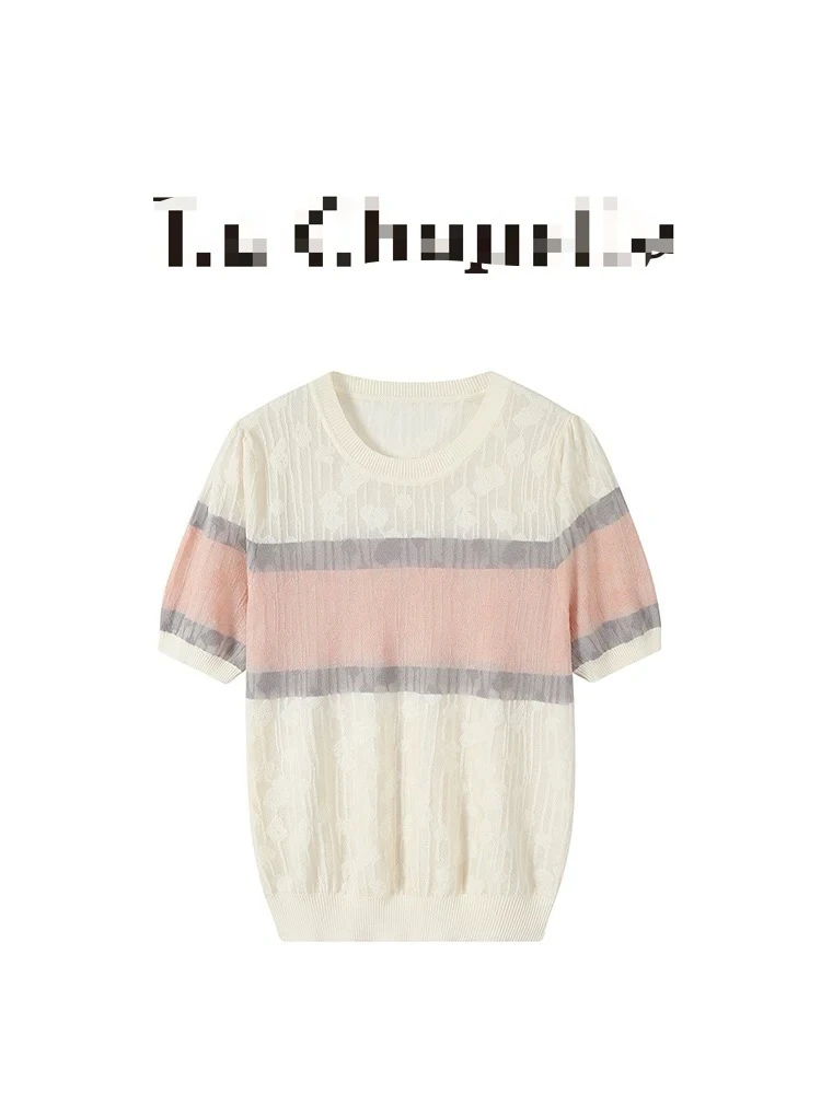 256【圆领白粉 印花 短袖】高级气质针织女衫