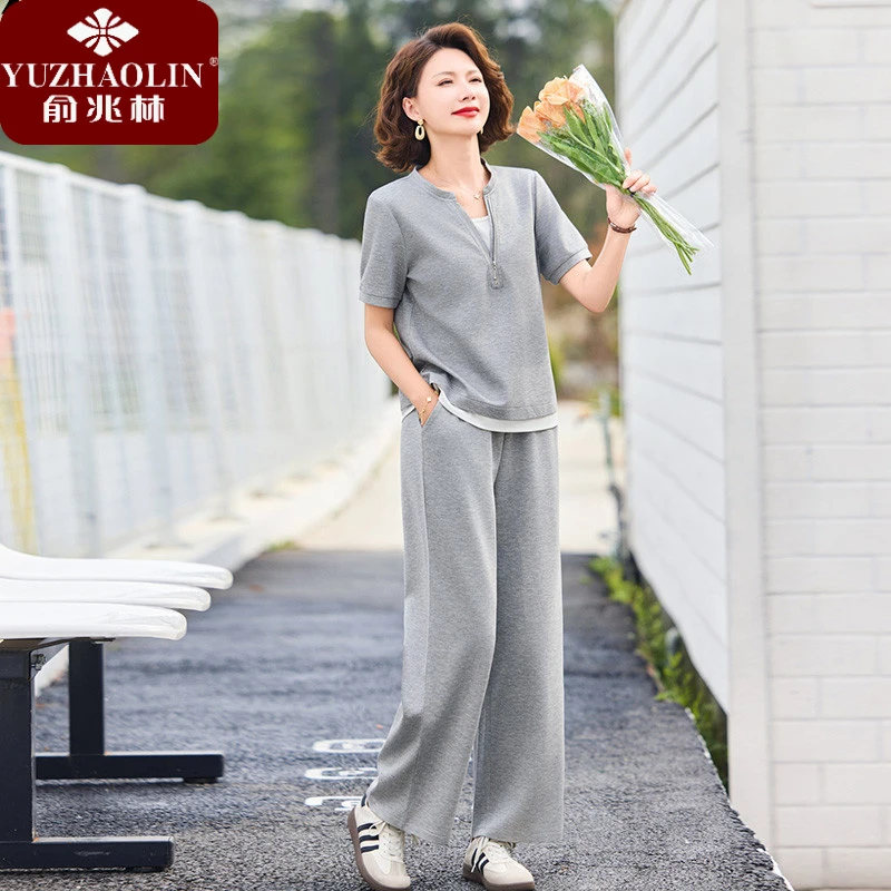 俞兆林年轻妈妈夏装短袖运动服套装中年女士新款T恤休闲两件套时