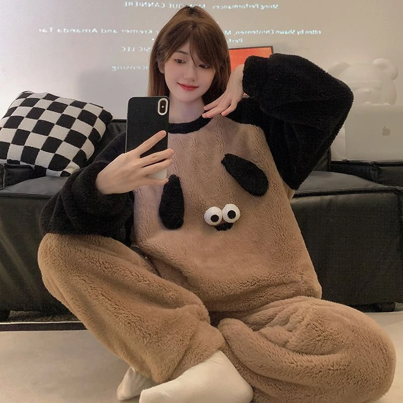珊瑚绒睡衣女士春秋冬季保暖加厚可爱套装法兰绒公主风家居服眼睛