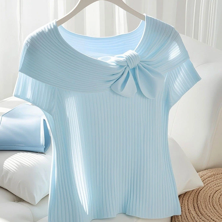 2025时尚百搭新款夏季薄款内搭法式轻薄蓝色冰丝短袖针织衫上衣女