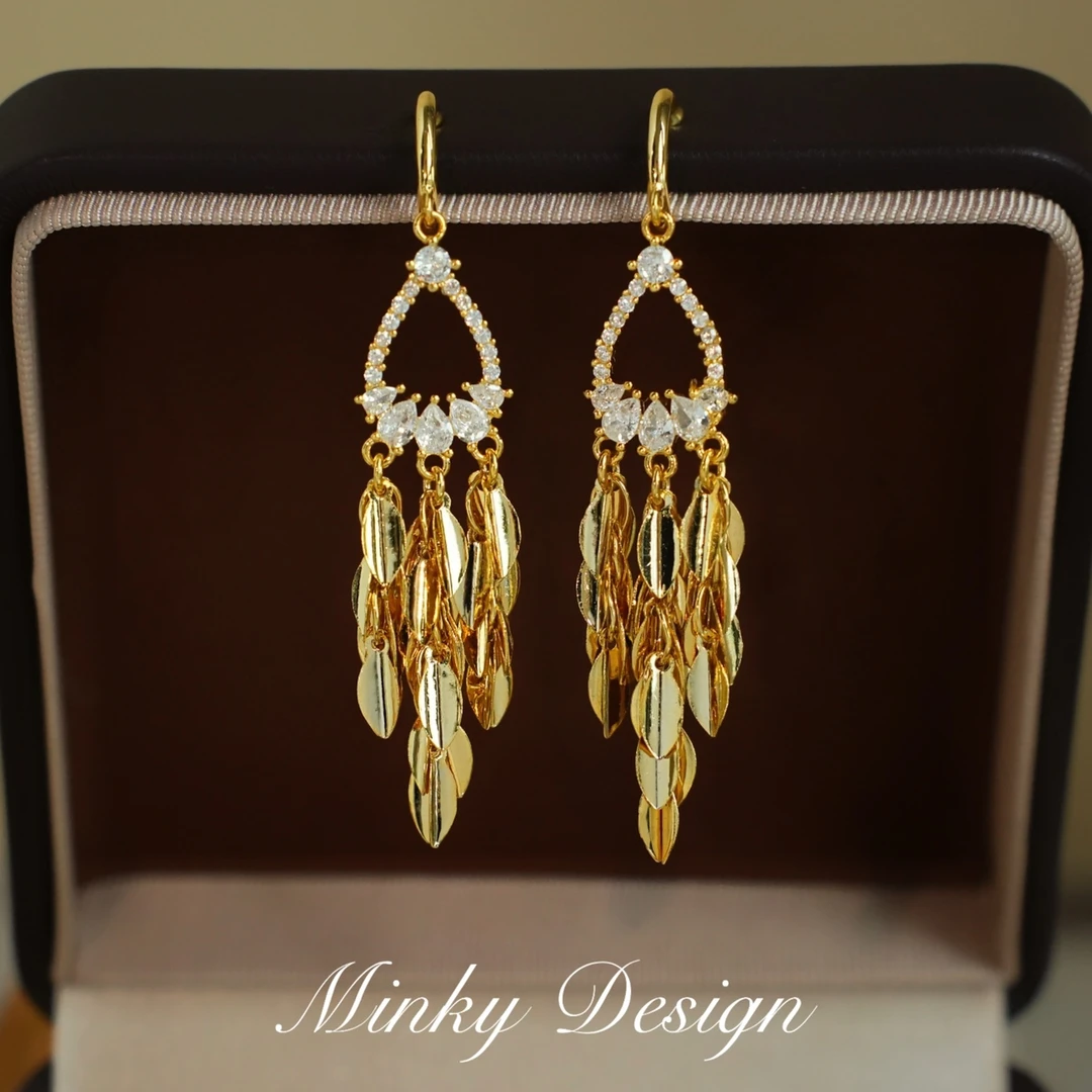 铜合金耳饰 「金棠月」新款锆石流苏气质耳饰蚊香盘耳夹无耳洞耳钉