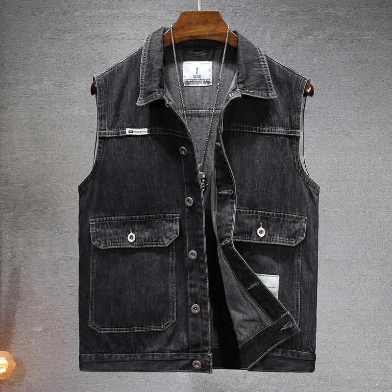 2025黑春秋季男士牛仔马甲复古工装外套日系简约宽松无袖坎肩背心